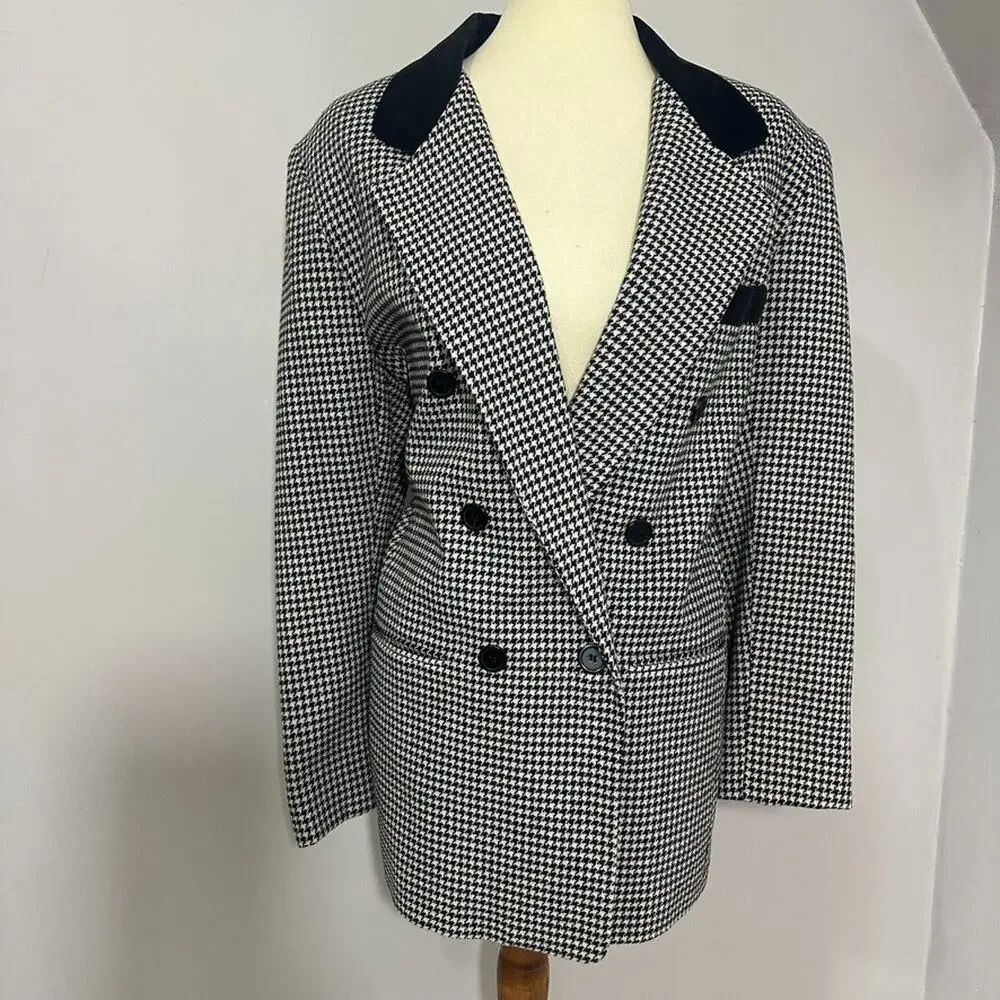 Vintage Womens Houndstooth Double Breasted Blazer Sz L Preppy Old Money Velvet - Picture 2 of 8